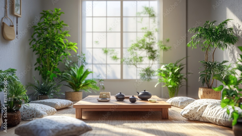Bright room with low table, cushions, and plants. Bright room with low table, cushions, and plants.