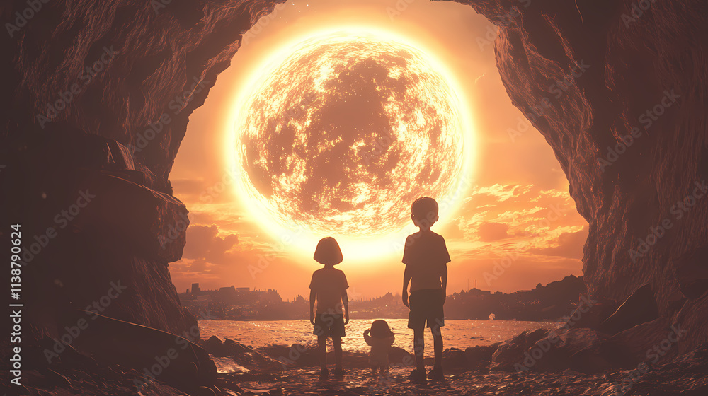 Fototapeta premium Two children stand in awe of a giant, glowing orb in the sky, viewed from a cavernous opening. Cavernous. Illustration