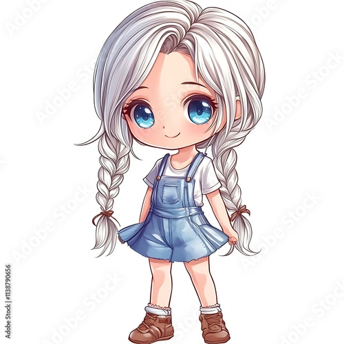 Cute anime girl in overalls.  Kawaii girl illustration.  Childish character design. photo