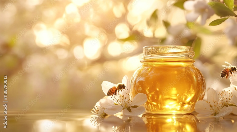 Golden honey jar with bees and blossoms in soft, bright sunlight. Golden honey jar with bees and blossoms in soft, bright sunlight.