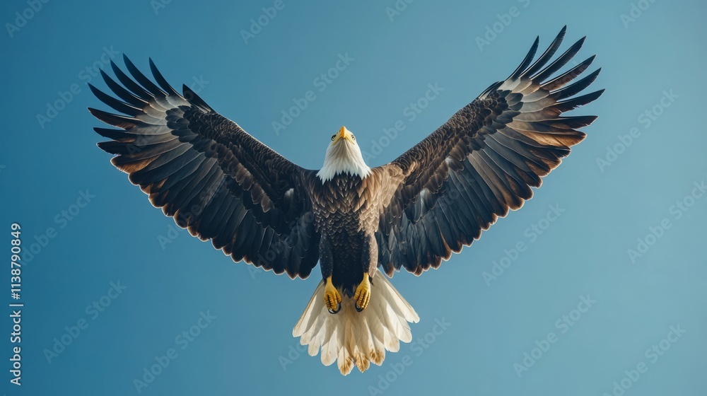 Obraz premium Realistic, majestic Bald Eagle soaring under a bright blue sky with a flowing American flag beneath, vertical orientation for elections