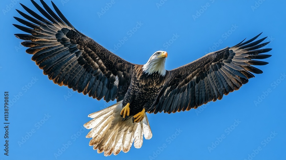 Realistic, majestic Bald Eagle soaring under a bright blue sky with a flowing American flag beneath, vertical orientation for elections Realistic, majestic Bald Eagle soaring under a bright blue sky with a flowing American flag beneath, vertical orientation for elections