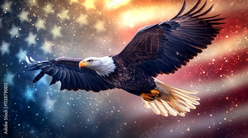 Realistic, iconic Bald Eagle flying over an American flag backdrop with vibrant stars and stripes, vertical composition, strong symbolism 