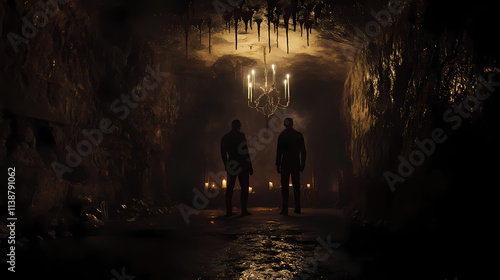 Two imposing villains, in a dark, cavernous lair, their ominous presence illuminated by flickering candles and eerie shadows. Cavernous. Illustration photo