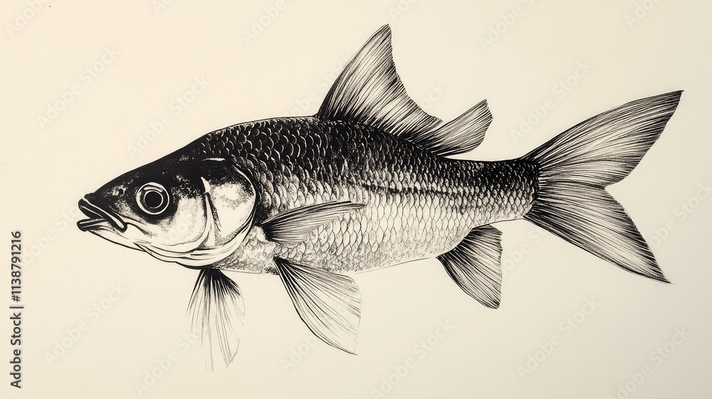 Obraz premium Striking Black and White Ink Illustration of a Characterful Fish