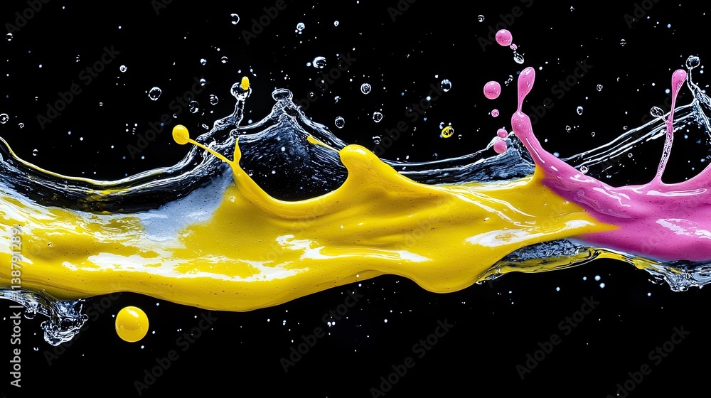Fototapeta premium Vibrant splashes of colored liquid create dynamic shapes against a dark background