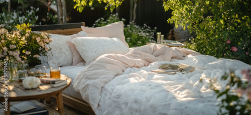 Cozy outdoor bed in lush garden photo