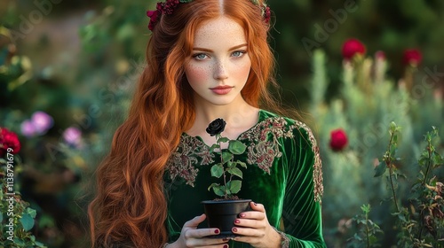 Freckled Redhead Woman Holds Black Rose, Garden