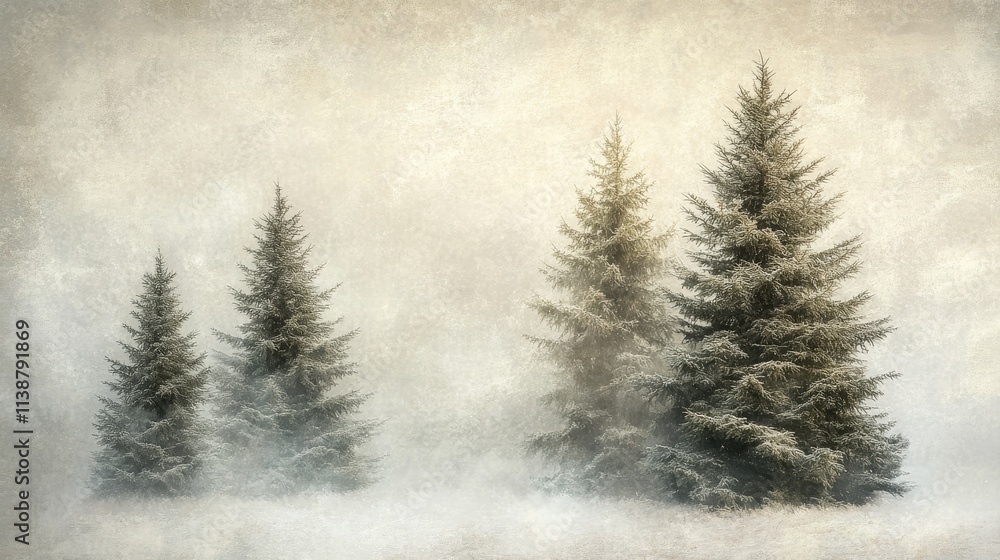 Fototapeta premium Misty landscape with fir forest in hipster vintage retro style