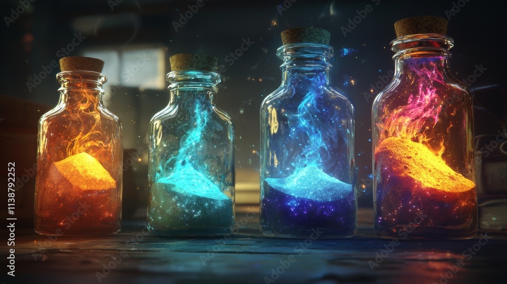 Colorful glass bottles containing glowing liquids sit on a wooden table in a dimly lit room with a magical ambiance Colorful glass bottles containing glowing liquids sit on a wooden table in a dimly lit room with a magical ambiance