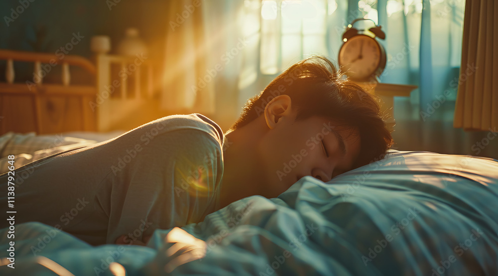 Obraz premium A serene moment captured as a young Asian man peacefully sleeps in bed, bathed in morning sunlight with an alarm clock nearby.