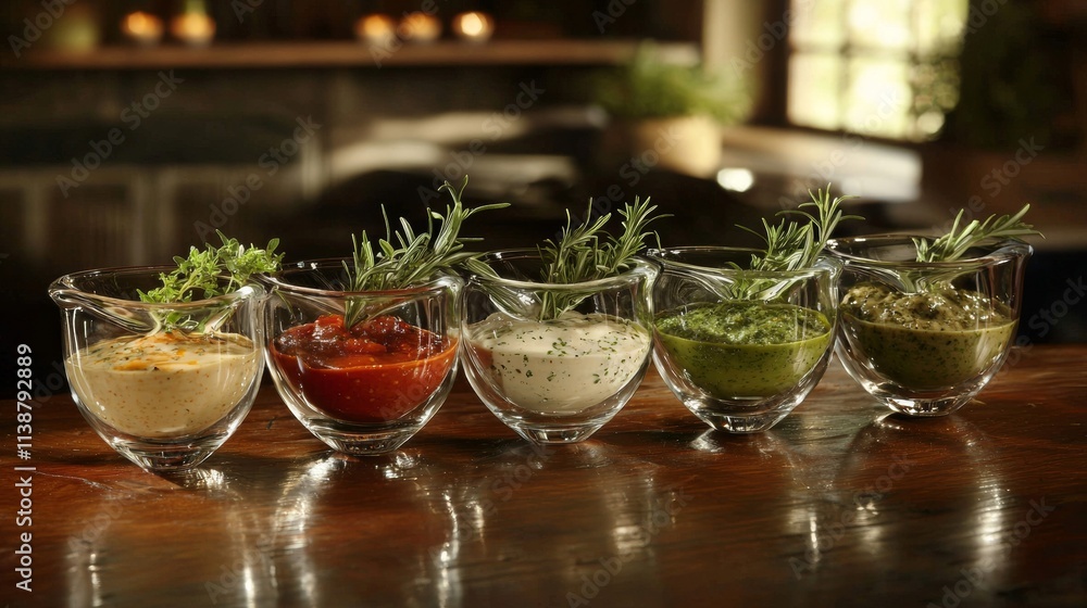 Fototapeta premium Variety of fresh sauces served in glass bowls with herbs on wooden table in cozy restaurant setting