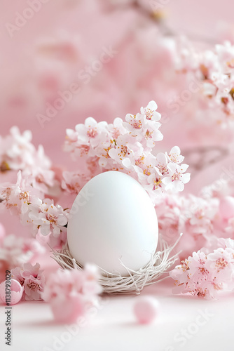 A pristine white egg rests gently in a nest of soft twigs, surrounded by beautiful pink cherry blossoms