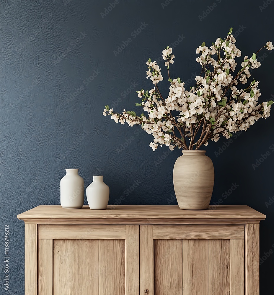 Cozy living room interior with a cabinet and a flower vase arranged neatly on a table, against a rich dark blue wall Cozy living room interior with a cabinet and a flower vase arranged neatly on a table, against a rich dark blue wall