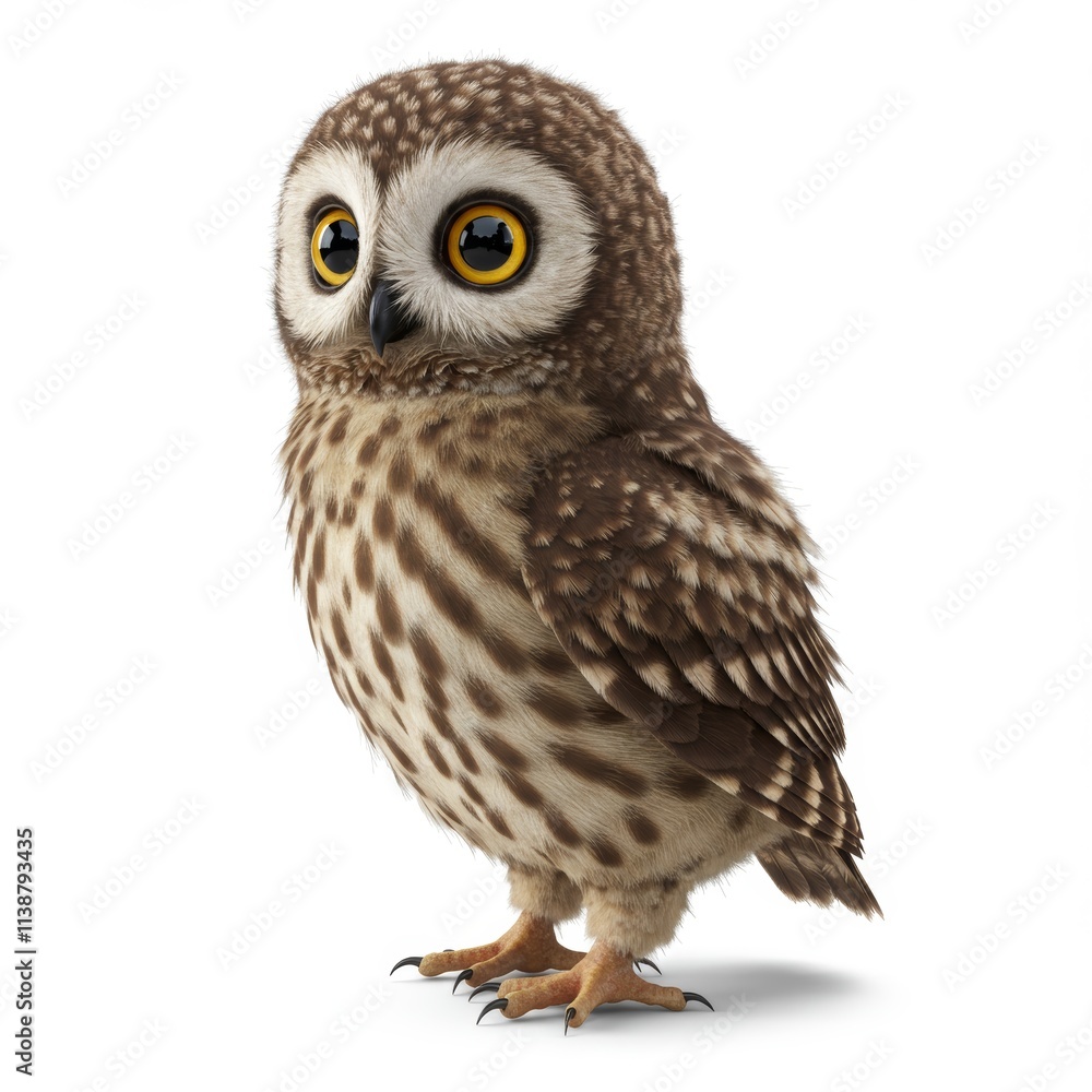 A realistic 3D rendering of a baby owl looking at the camera on a white background with a playful and curious mood
A realistic 3D rendering of a baby owl looking at the camera on a white background with a playful and curious mood