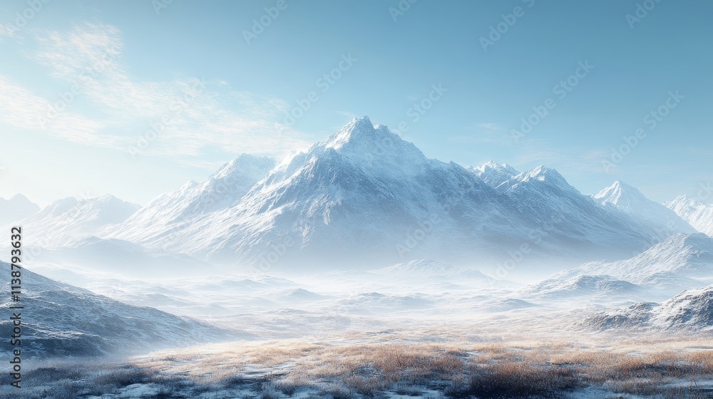 Majestic snow-covered mountains with misty valley view Majestic snow-covered mountains with misty valley view