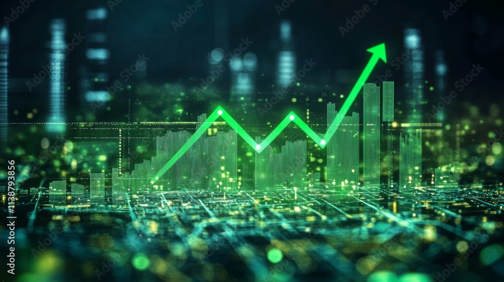 Green financial graph rising in digital interface Green financial graph rising in digital interface