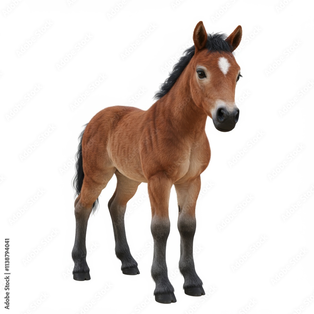 A realistic 3D rendering of a brown baby horse looking at the camera on a white background with a playful and curious mood
A realistic 3D rendering of a brown baby horse looking at the camera on a white background with a playful and curious mood