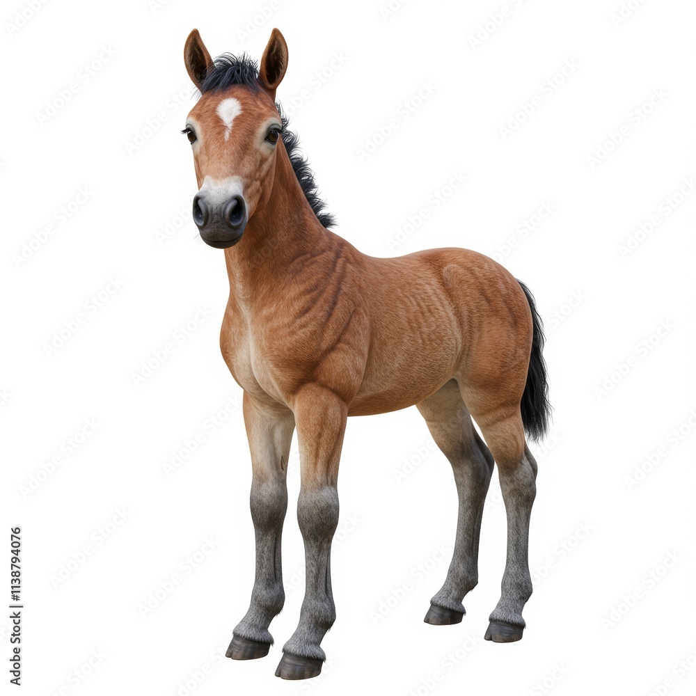 Fototapeta premium A realistic 3D rendering of a brown baby horse looking at the camera on a white background with a playful and curious mood