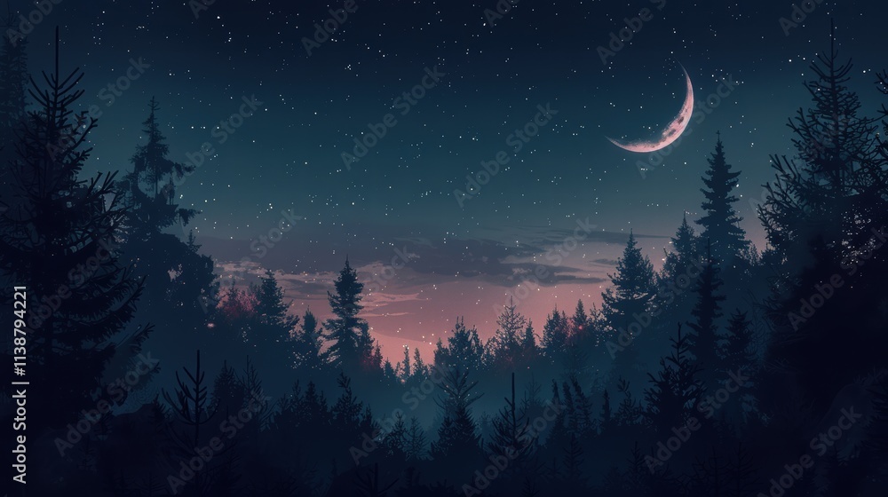 Fototapeta premium Night forest scene with crescent moon and starry sky.