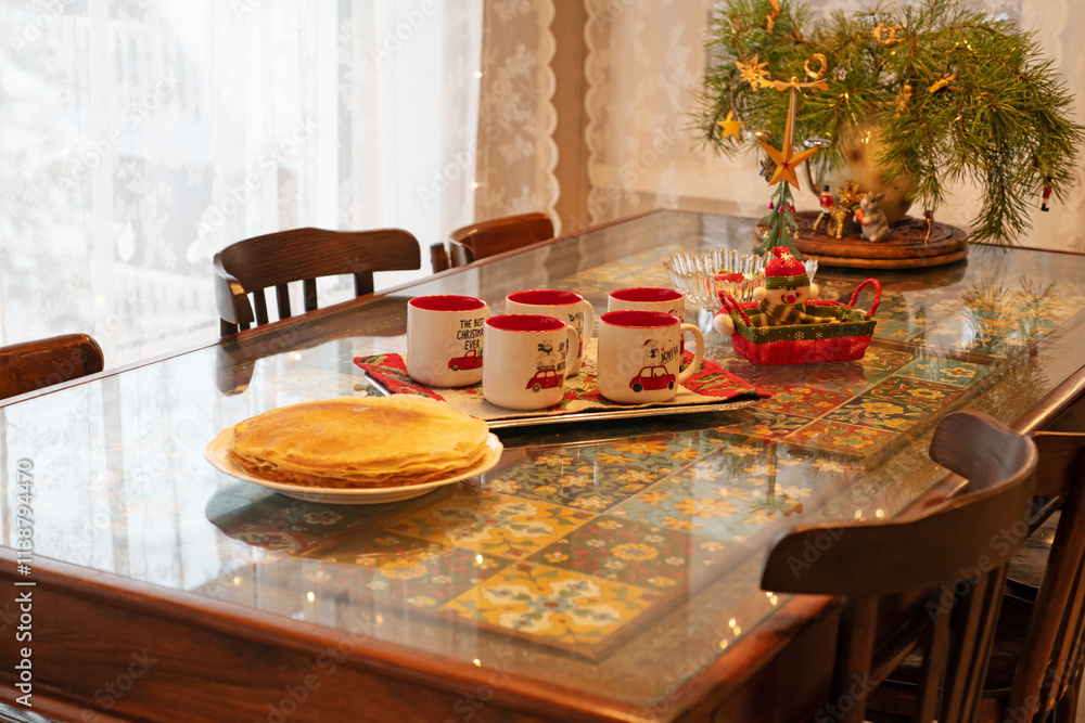 Christmas cozy background with big family table and mugs at beautiful veranda
