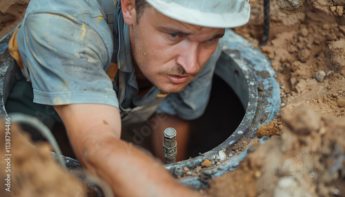 working plumber opens a sewer hatch. Maintenance of septic tanks and water wells