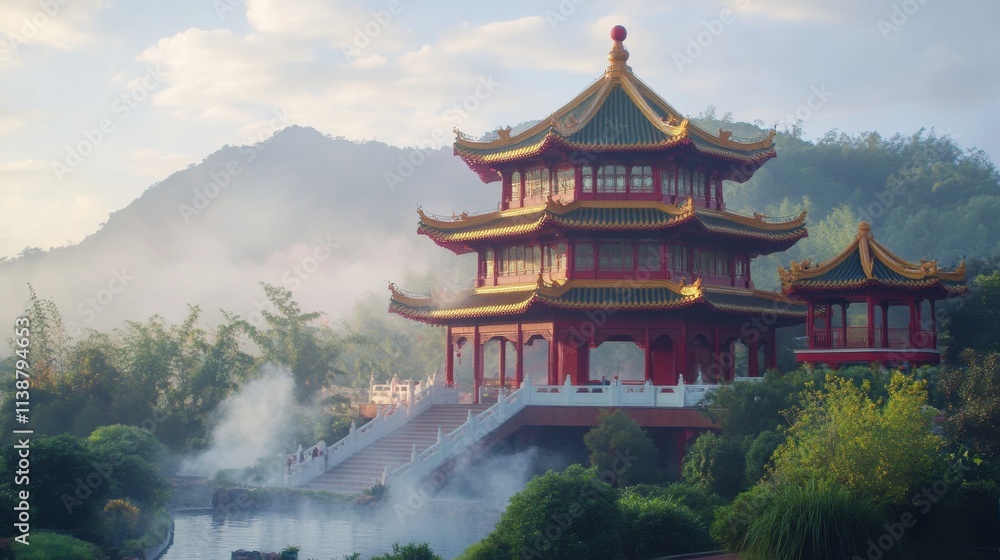 Fototapeta premium Chef Expertly Stir-fries Vibrant Vegetables in Flaming Wok, Culinary Skills and the Art of Cooking in Professional Kitchen Setting, Emphasizing Fresh Ingredients and Dynamic Cooking Techniques.