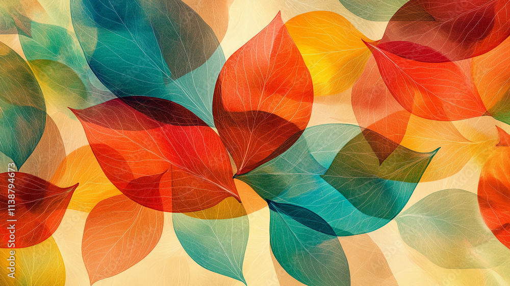 Colorful leaves in warm tones create an autumn-inspired pattern on a soft background Colorful leaves in warm tones create an autumn-inspired pattern on a soft background