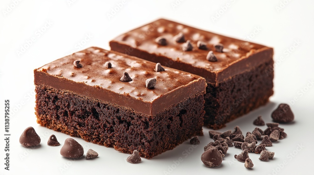 Delicious Chocolate Brownies with Rich Ganache Topping and Chocolate Chips on White Background for Dessert Lovers and Baking Enthusiasts Delicious Chocolate Brownies with Rich Ganache Topping and Chocolate Chips on White Background for Dessert Lovers and Baking Enthusiasts