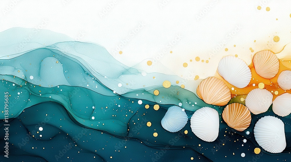 Blue and white waves, seashells perched atop, white sky in backdrop Blue and white waves, seashells perched atop, white sky in backdrop