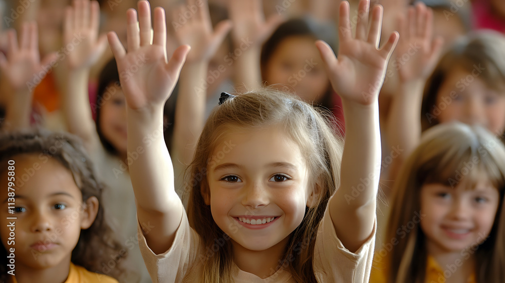 Fototapeta premium A group of school children eagerly raising their hands in class.