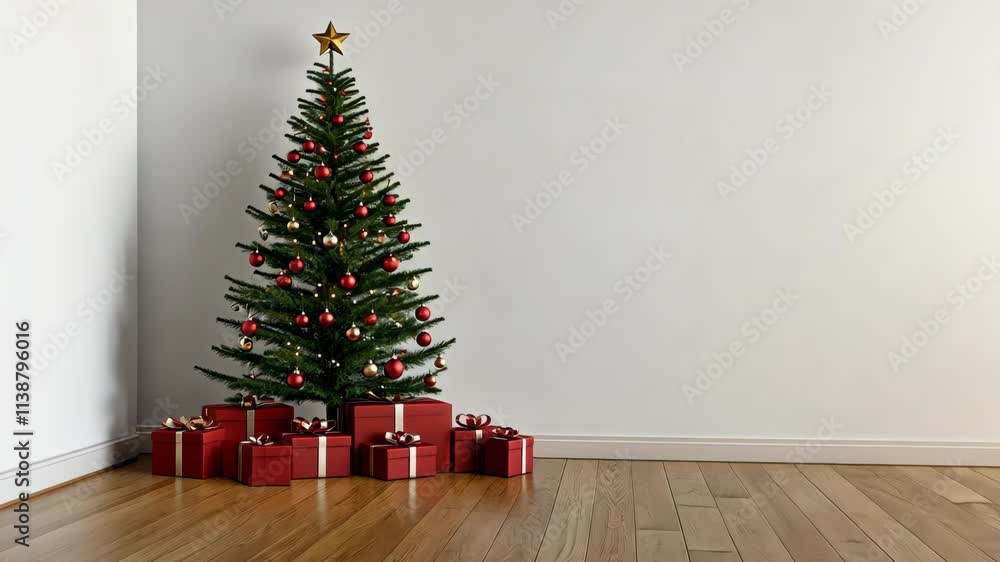 Decorated Christmas tree with red ornaments and presents in a minimalistic living room setting Decorated Christmas tree with red ornaments and presents in a minimalistic living room setting