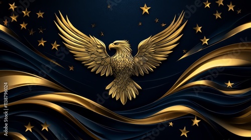 Realistic, elegant Presidential Inauguration 2025 banner, minimalist eagle crest and flowing flag, gold accents