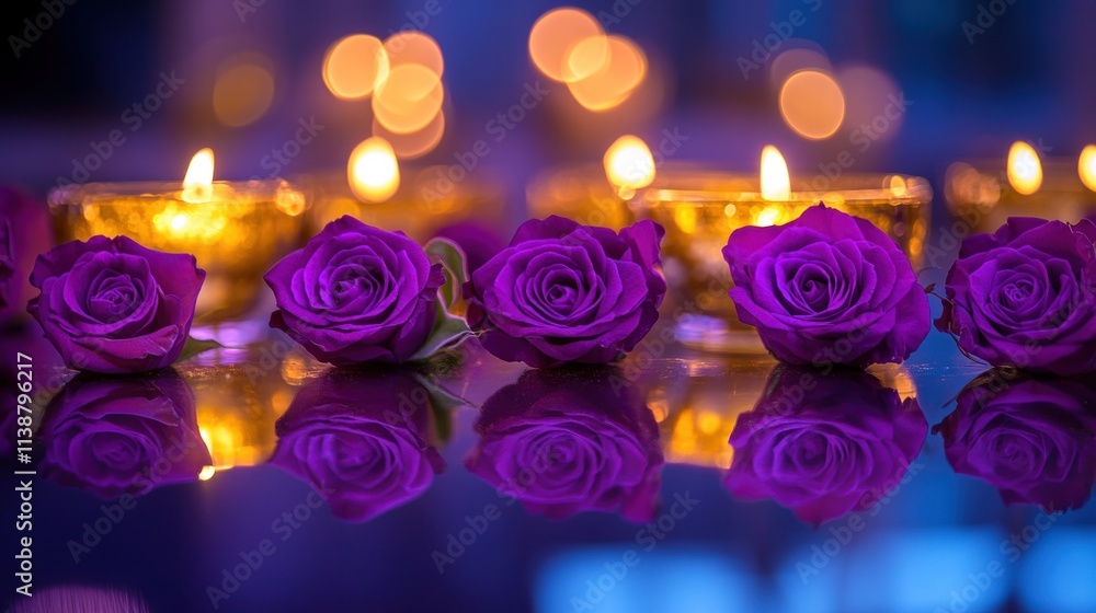 Purple roses and golden candles on a reflective surface. Purple roses and golden candles on a reflective surface.
