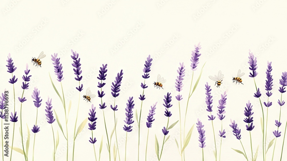 Naklejka premium A pair of lavender flowers with a bee buzzing between them