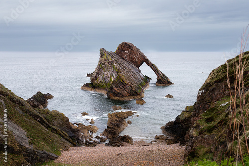 Bow Fiddle Rock on an overcast and rainy day, from the top of the trail.