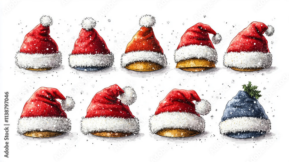 christmas hats isolated on white, santa claus hats, set of christmas decorations christmas hats isolated on white, santa claus hats, set of christmas decorations