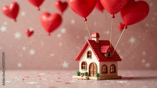 Wallpaper Mural On a pink background there is a toy house with heart-shaped balloons Torontodigital.ca