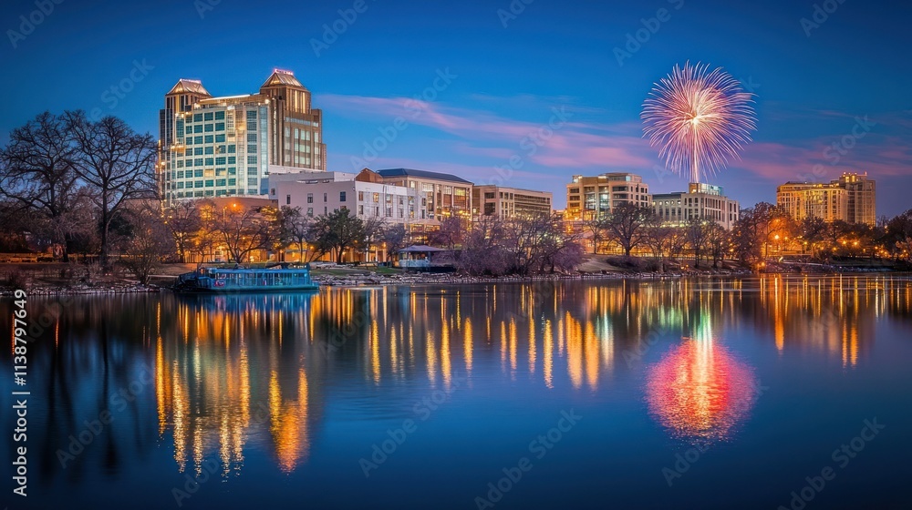 Fototapeta premium City skyline, firework, night, and lake reflections.