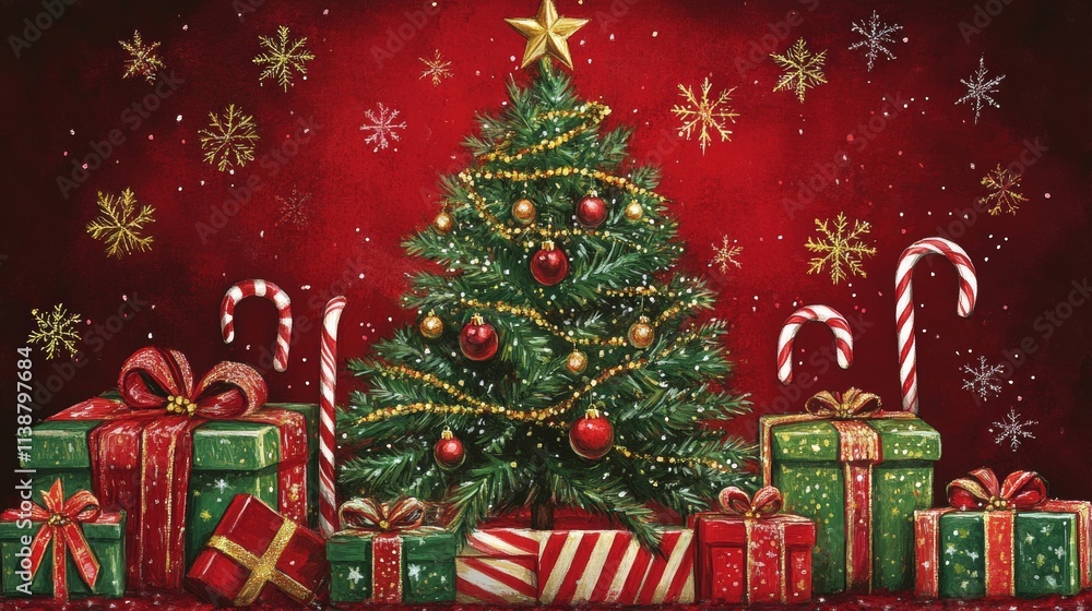 Christmas greetings vector background design. Christmas greeting text with pine tree, candy cane and gift boxes ornaments and decoration elements in red elegant background.
Christmas greetings vector background design. Christmas greeting text with pine tree, candy cane and gift boxes ornaments and decoration elements in red elegant background.