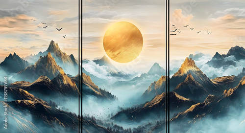 Fototapeta Naklejka Na Ścianę i Meble -  A 3 piece canvas wall art set with golden turquoise blue and black colored mountains, birds, clouds, and a golden sun in 3D landscape.