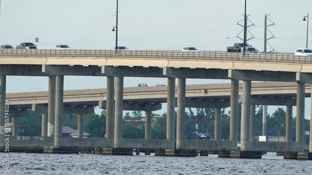 Cars driving on bridge over Charlotte Harbor bay in Florida. Transportation infrastructure connecting Punta Gorda and Port Charlotte over Peace River in America Cars driving on bridge over Charlotte Harbor bay in Florida. Transportation infrastructure connecting Punta Gorda and Port Charlotte over Peace River in America