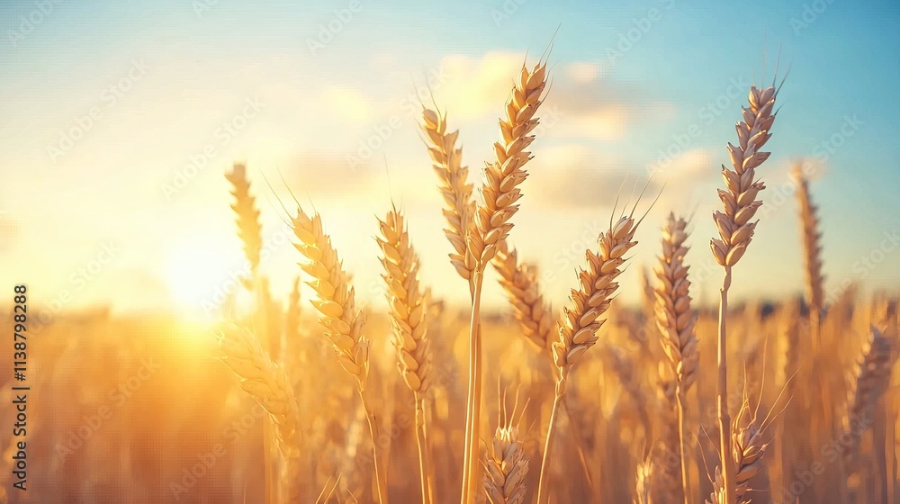 Golden wheat field under a bright sunset sky. Golden wheat field under a bright sunset sky.