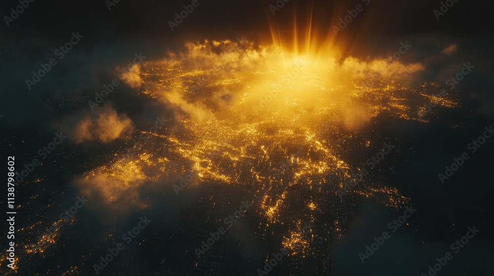Cityscape glows under dramatic cloudscape and sunburst. Cityscape glows under dramatic cloudscape and sunburst.