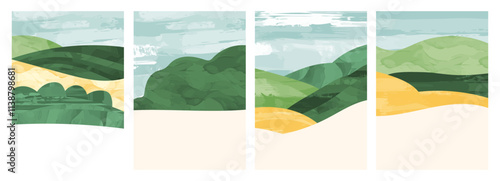 Watercolor background with green field, blue sky, abstract cloud pattern. Nature illustration of meadow, hill, forest, trees, summer landscape. Travel posters, scenery, countryside textured wallpaper