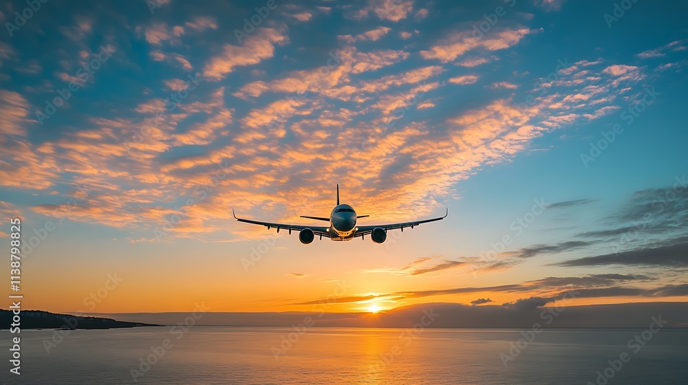 Fototapeta premium Airplane at Sunset over Ocean. Concept of Travel, Adventure, and Freedom.
