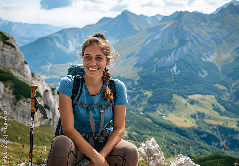 Naklejka premium Portrait of a young woman traveler in the mountains, with a stunning mountain valley landscape in the background. Perfect for themes of travel and solo hiking adventures.