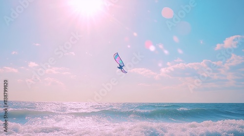 Kiteboarder soars over sunlit sea.