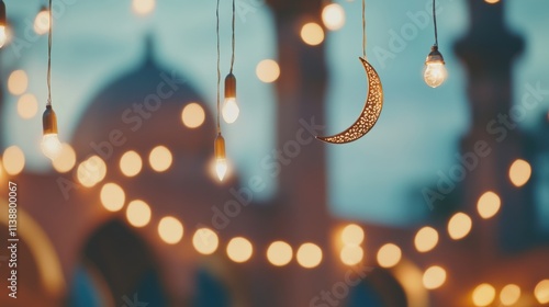 A serene Eid al-Fitr scene with festive lights and decorative crescent moons against a tranquil mosque courtyard background, macro shot, Minimalist style photo