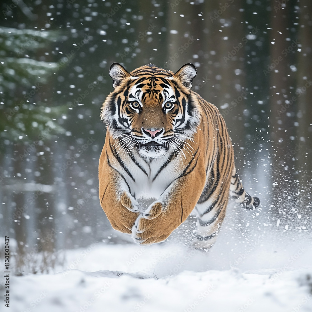 Obraz premium Majestic Tiger Running Through Winter Snow Wildlife Scene